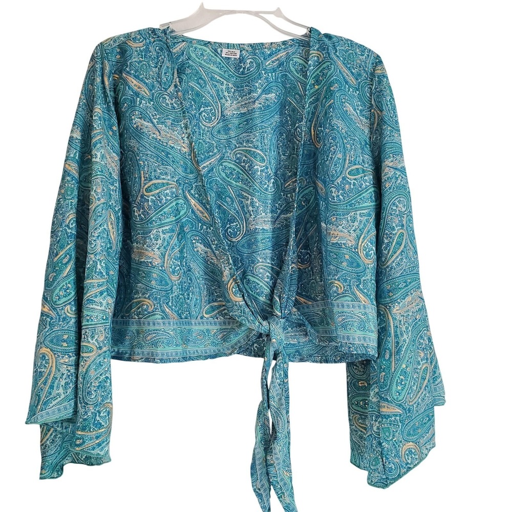 Paisley Kimono Top Womens Large Blue Silk Blend Tie Front Bell Sleeve Boho